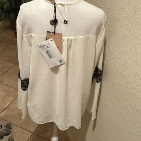 Twinset Women's XL Long Sleeve Lace Applique Blouse Cream Black Feminine Office - Picture 10 of 12